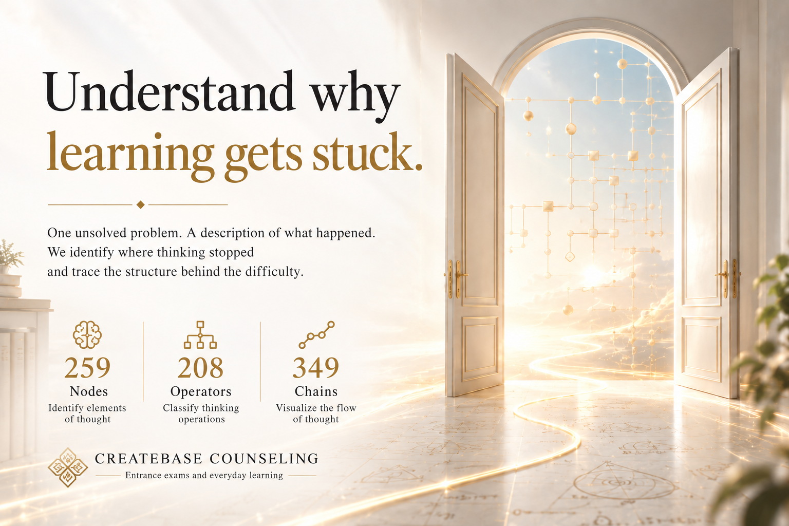 Counseling. Understand why learning gets stuck. Identify where thinking stopped: 259 nodes, 208 operators and 349 chains.