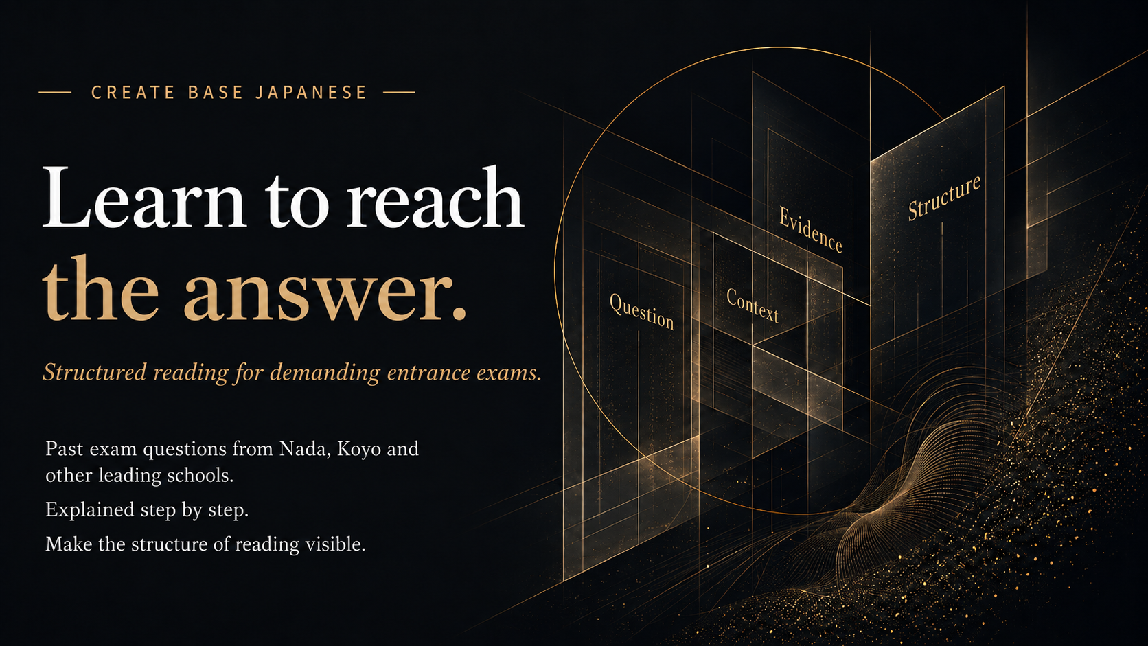 Japanese. Learn to reach the answer. Structured reading for demanding entrance exams. Questions explained step by step, making the structure of reading visible.