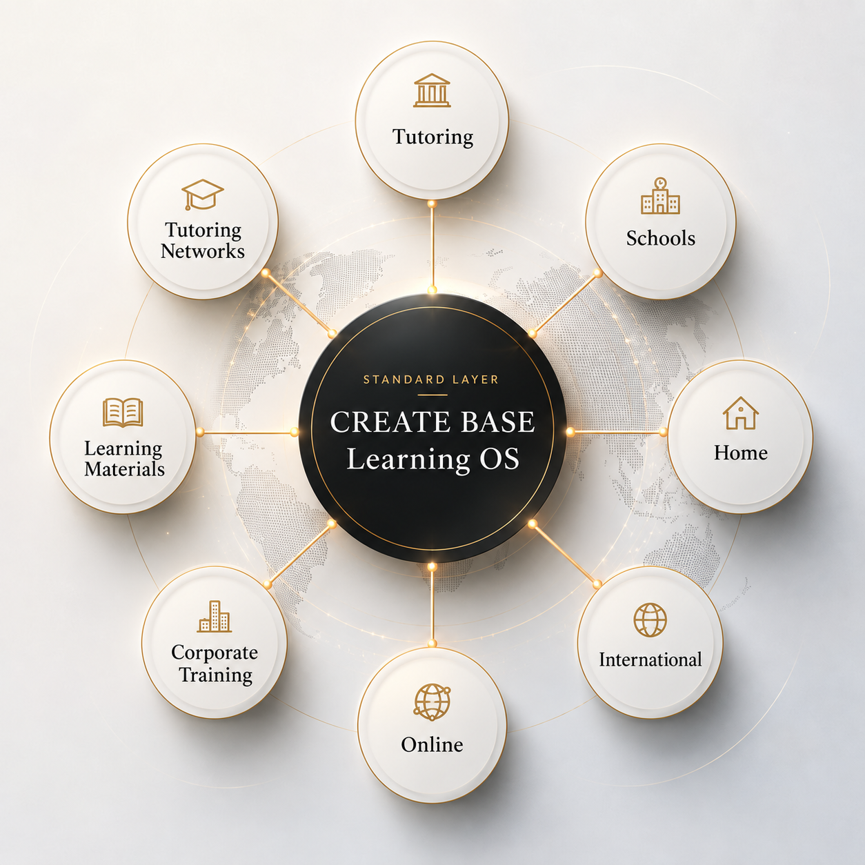 CREATE BASE Learning OS is the standard layer connecting tutoring, schools, home, international learning, online learning, corporate training, learning materials and tutoring networks.